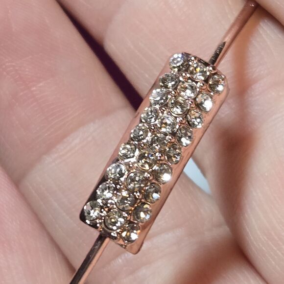 Minimalist Rose Gold-Tone Thin Bangle Bracelet W/ Pavé CZ Cluster Bar Accent 8" - Picture 3 of 6